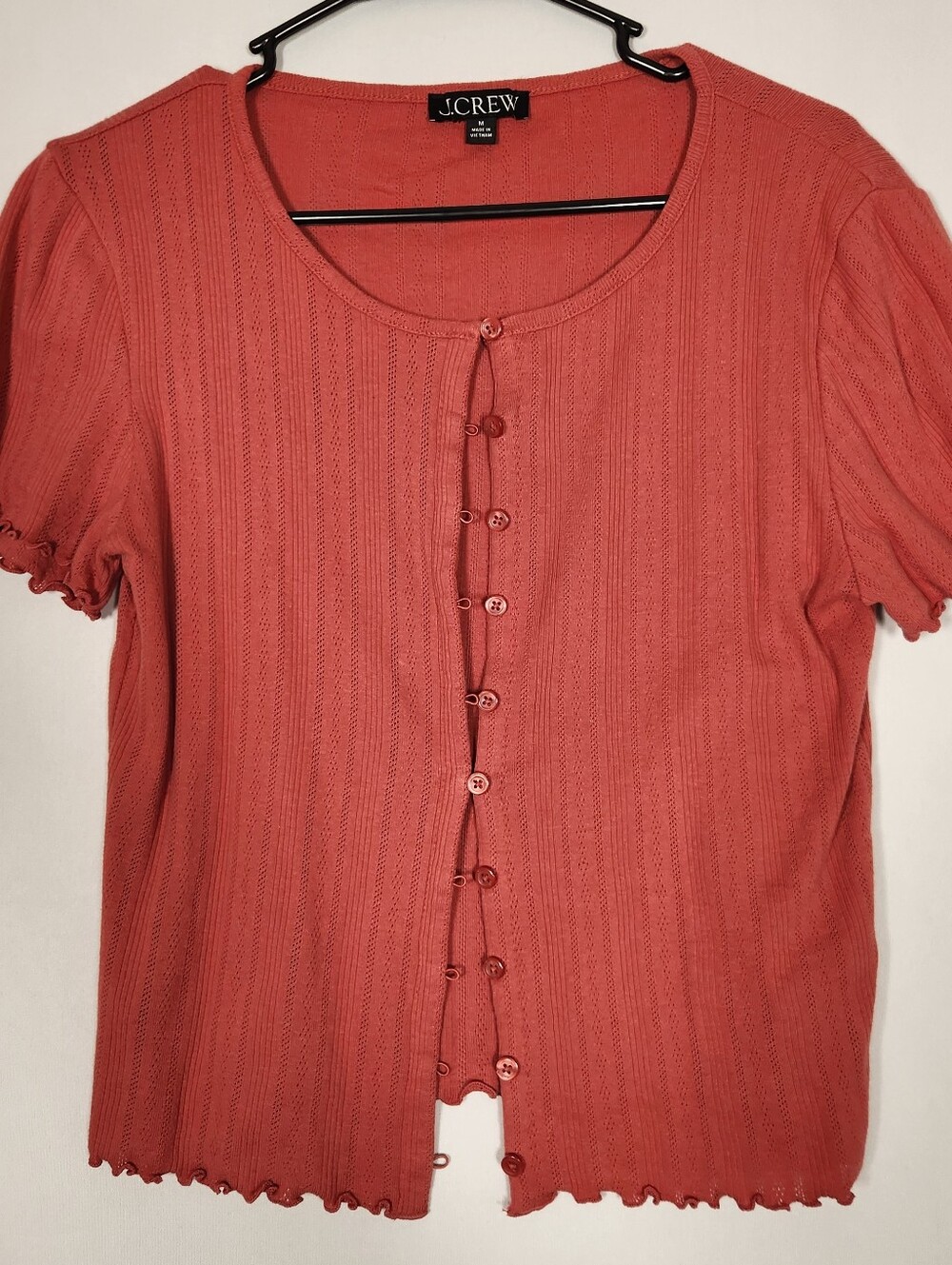 J Crew Muted Red Scallop Trim Pointelle Cotton Knit Short Sleeve Sweater Medium
